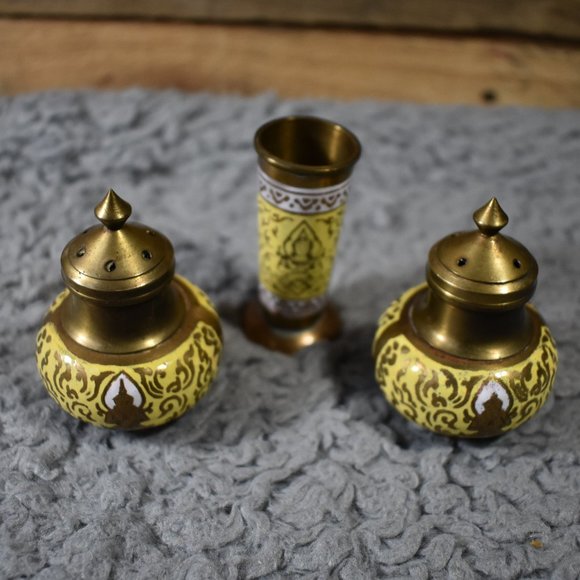 Vintage Brass Krishna Salt and Pepper Shaker with Toothpick Holder Set - Picture 2 of 15